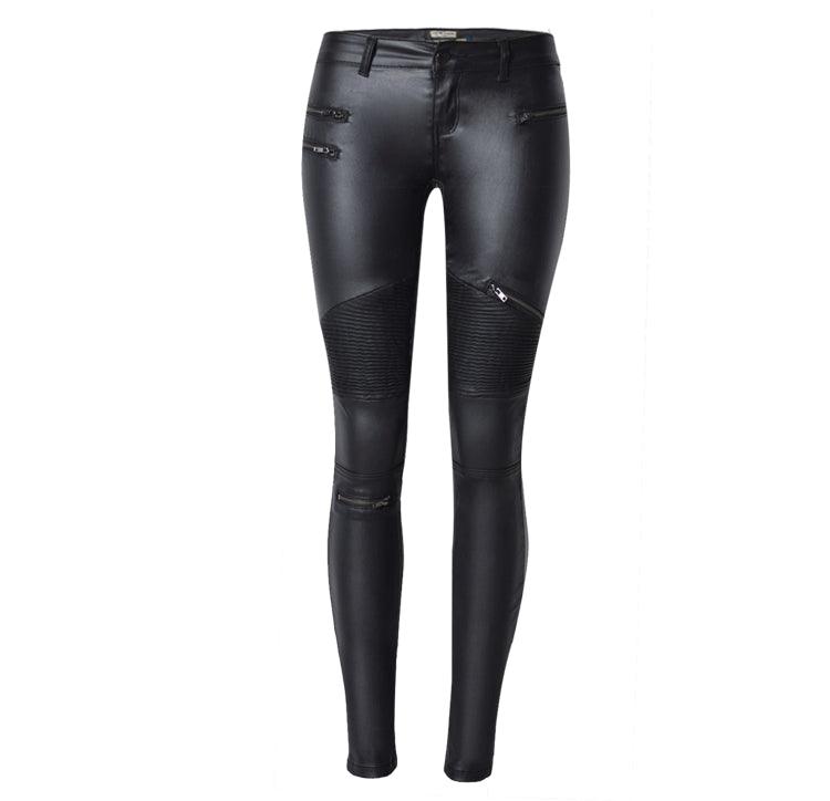 Rebel Rider Multi-Zip Skinny Motorcycle Pants - Edgy Street Style & Bold Fit with shiny black finish and pleated knee accents.