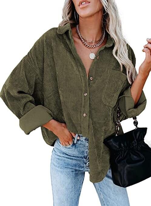 Model wearing Corduroy Country Chic Shirt – Stylish Single-Breasted Cowgirl Shirt in green with jeans and a black bag.
