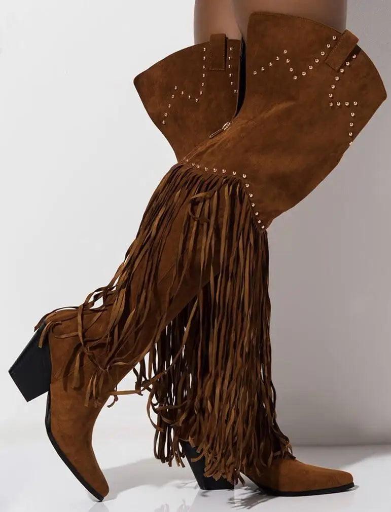Vintage Fringe Over-the-Knee Boots with chunky heel and Western flair, featuring playful fringe and unique pattern for bold sophistication.