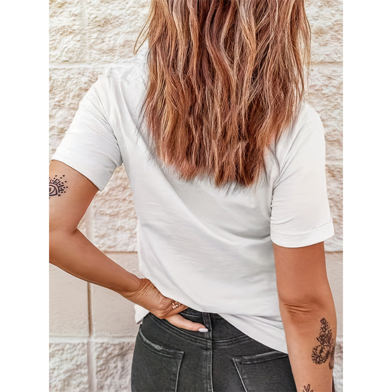 Back view of woman wearing Short Sleeve T-Shirt Dragonfly Pattern Casual Round Neck Tee in white, showcasing design and fit.