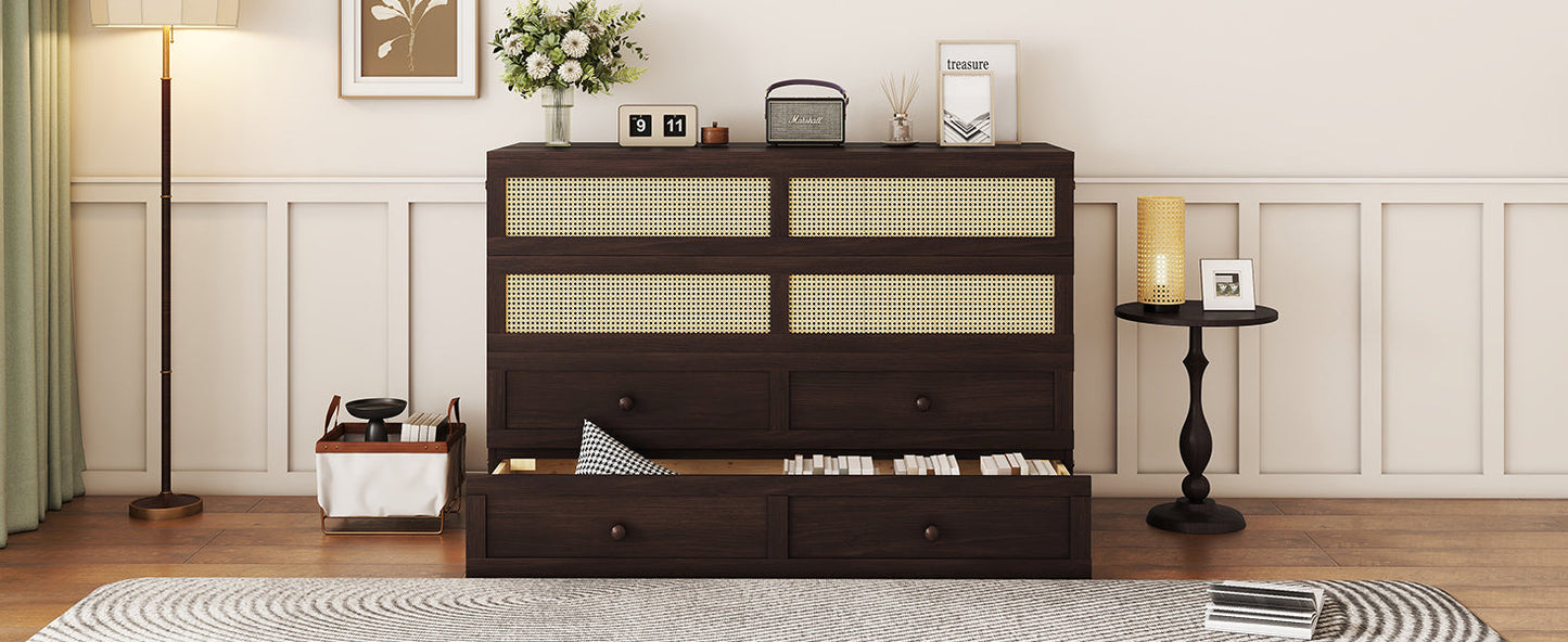 Queen Size Murphy Bed, Pine Wood Cabinet Bed with Rattan Decoration and Storage Drawer,Espresso