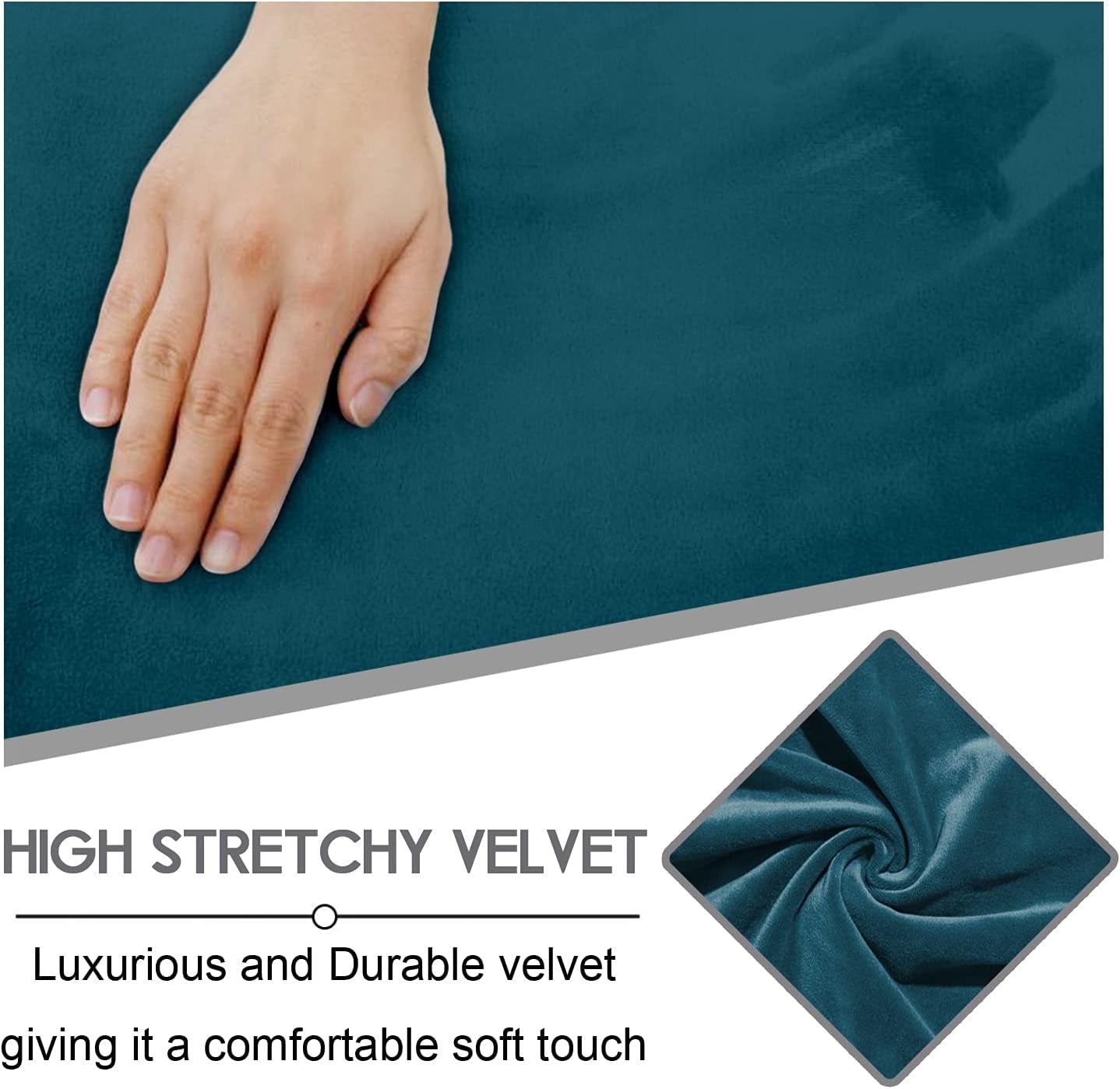 Hand touching Velvet Seven Piece Sectional Recliner Sofa Cover Deep Teal showing soft and stretchy material benefits