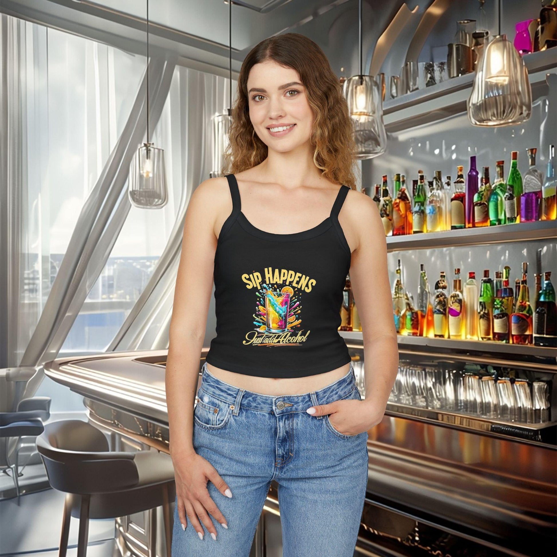 Playful & Stylish Womens Spaghetti Strap Tank Top with "Sip Happens, Just Add Alcohol" text for bartenders in black