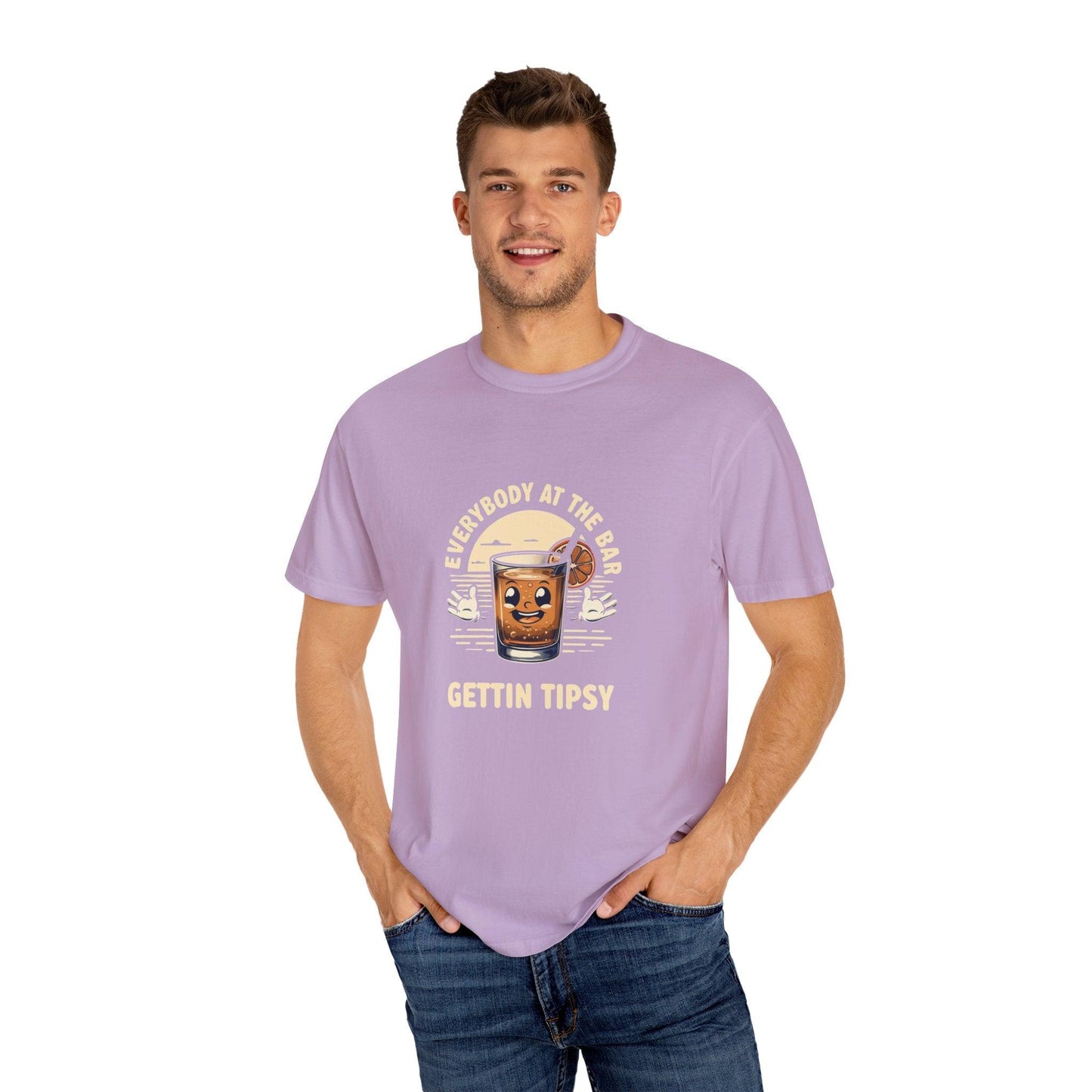 Everybody at the Bar Gettin Tipsy Unisex Garment-Dyed T-Shirt with whiskey glass graphic worn by a model