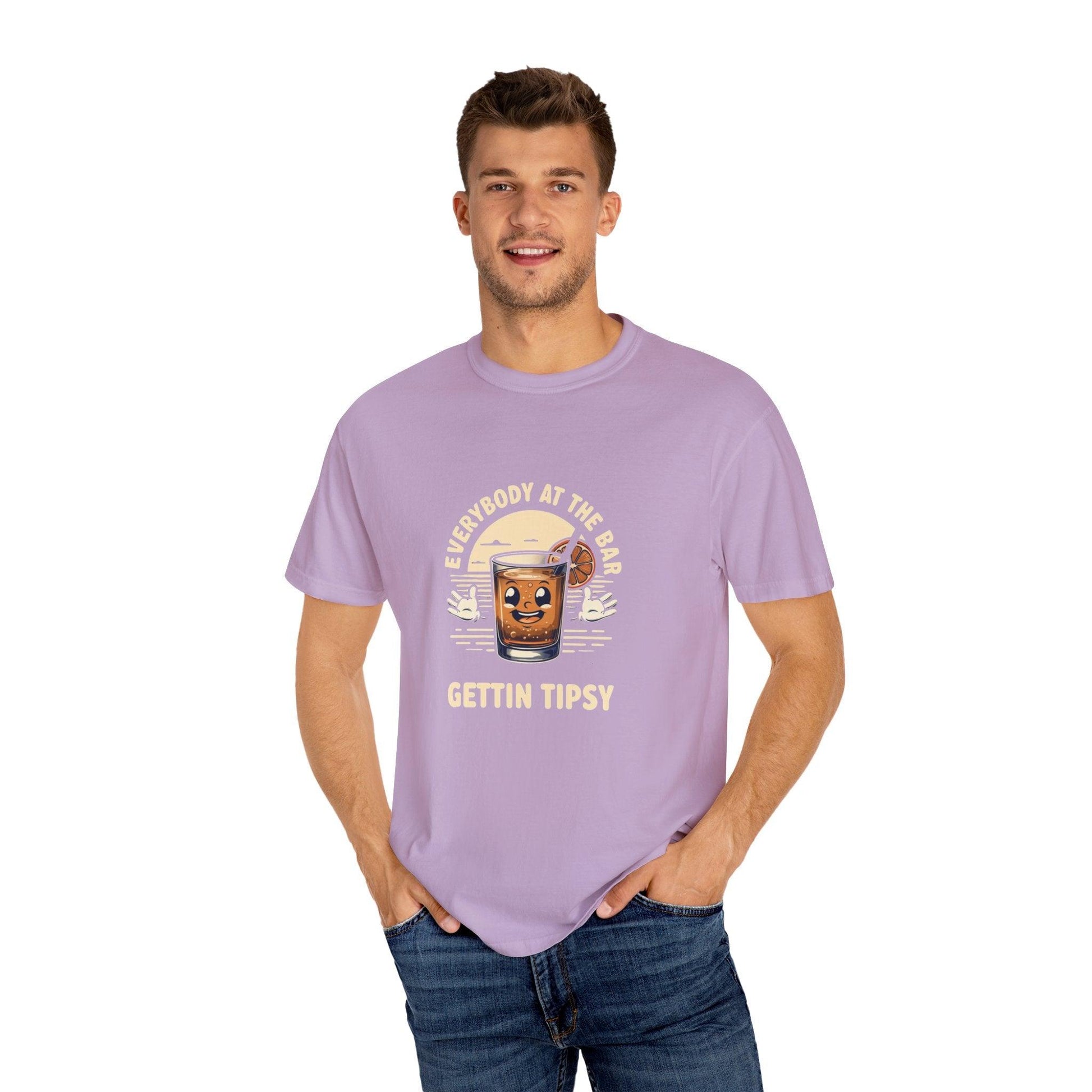 Everybody at the Bar Gettin Tipsy Unisex Garment-Dyed T-Shirt with whiskey glass graphic worn by a model