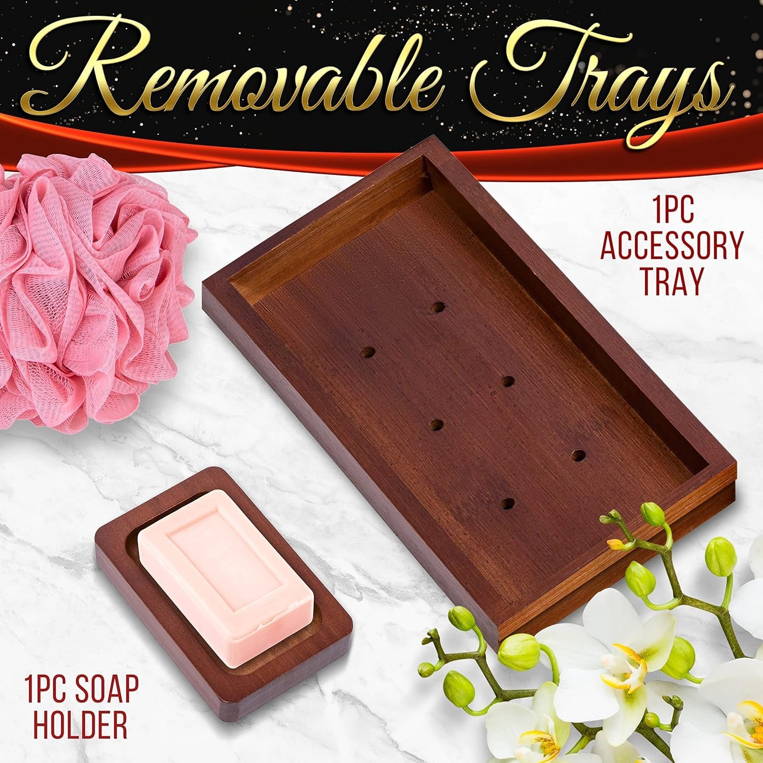 Removable trays including accessory tray and soap holder on a white stone surface with a pink bath sponge and orchid flowers.