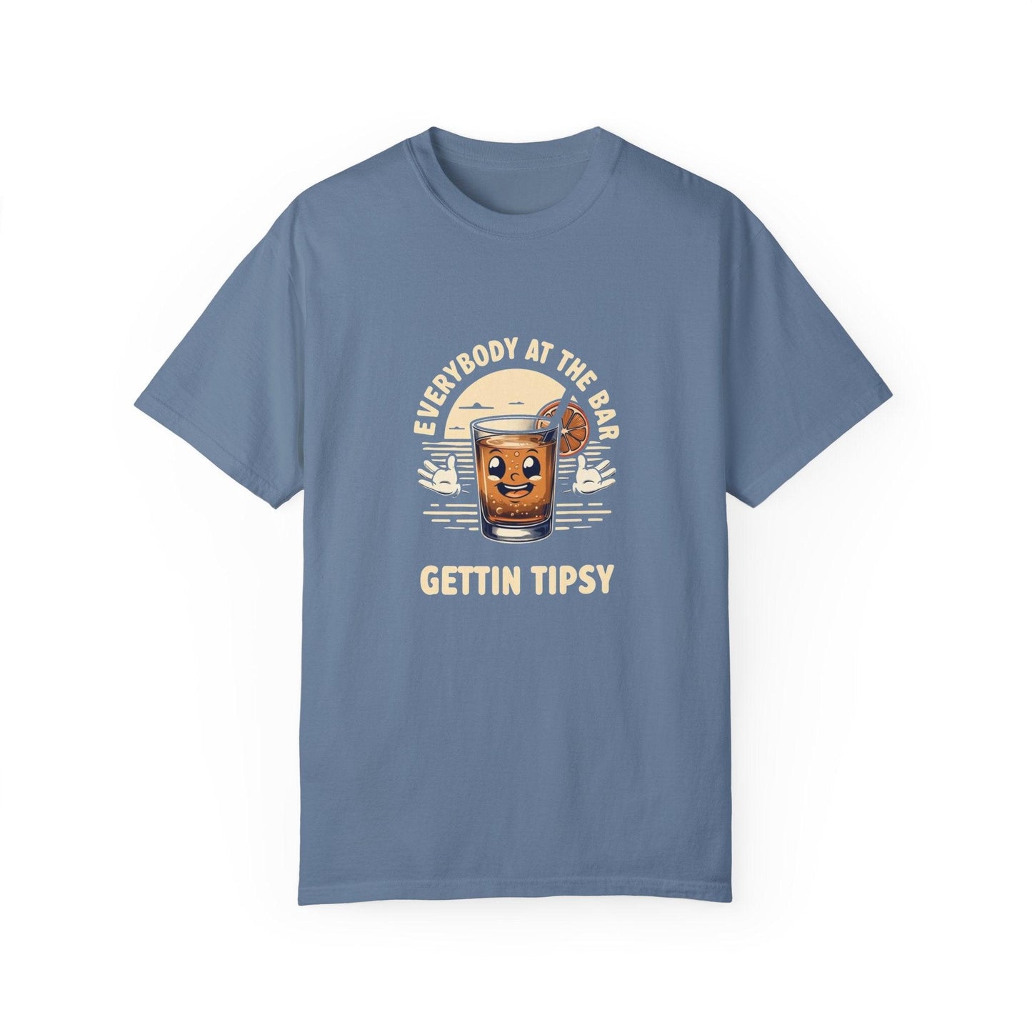 Everybody at the Bar Gettin Tipsy Unisex Garment-Dyed T-Shirt with whiskey glass graphic on a blue background