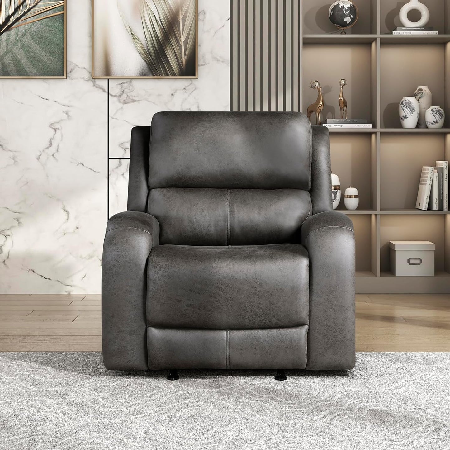 Grey Rocker Recliner Chair With Manual Recline Living Room in modern interior setting