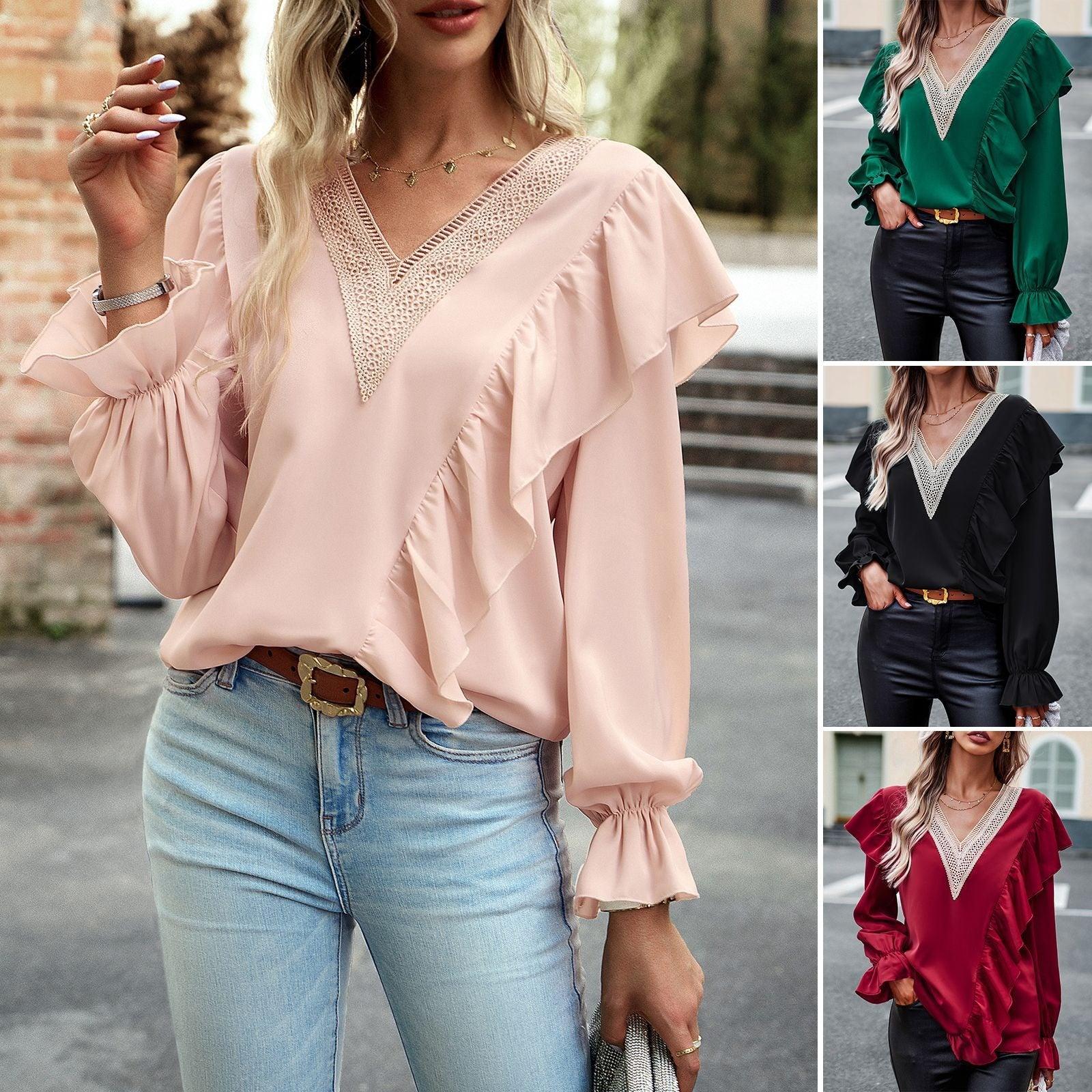 Demure Commuter V-Neck Long Sleeve Shirt in pink, black, burgundy, showcased casually outdoors.