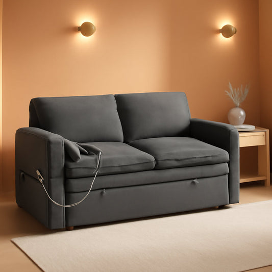Sixty ThreeInch Pullout Velvet SofaBed Premium Edition in a cozy room setting, showcasing its versatility as a loveseat, chaise, and sleeper.