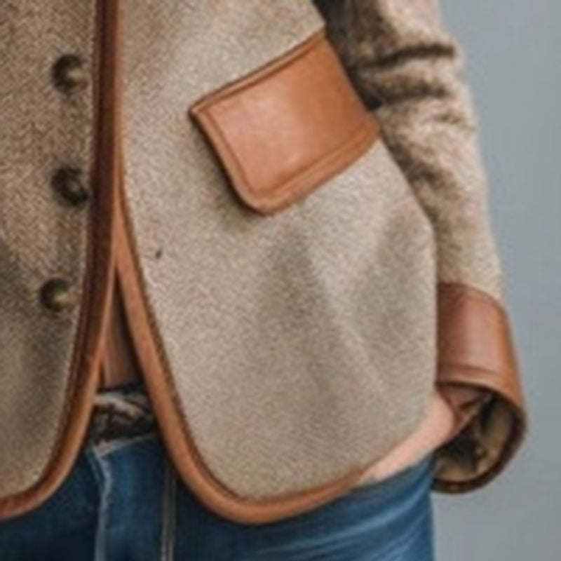 Close-up of Women's Retro Elegant Jacket with stand collar, button-front, color-block paneling, and pockets, showcasing vintage style.