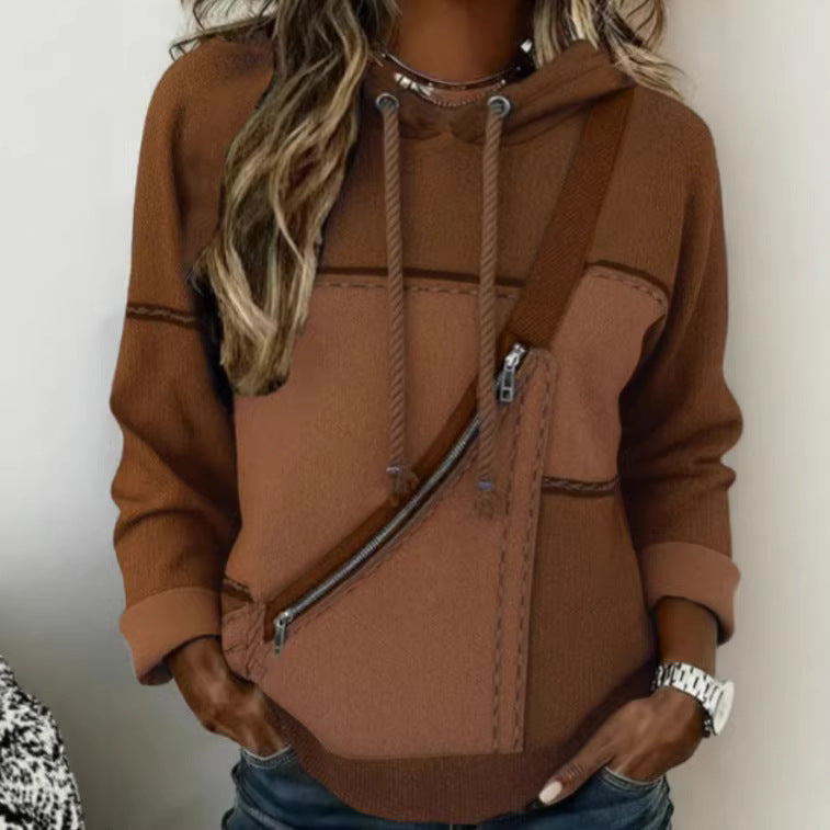 Women’s 3D Printed Hooded Sweatshirt – Long Sleeve Pullover in brown with zipper detail for modern streetwear style.