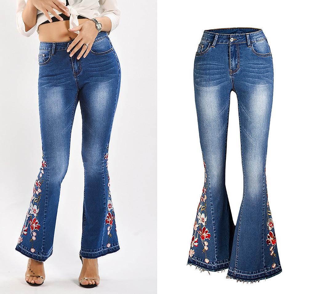 Flared Leg Embroidered Denim Jeans | Cowgirl Style with a Floral Touch - blue jeans with floral embroidery on hem