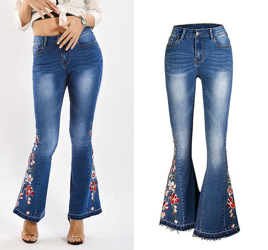 Flared Leg Embroidered Denim Jeans | Cowgirl Style with a Floral Touch - blue jeans with floral embroidery on hem