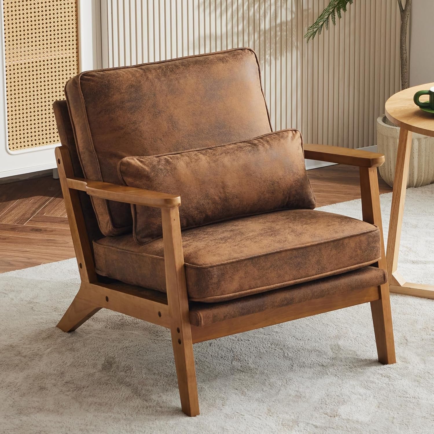 Mid-Century Modern Suede Upholstered Accent Chair Set of 2 with wood frame and plush cushions in a living room setting