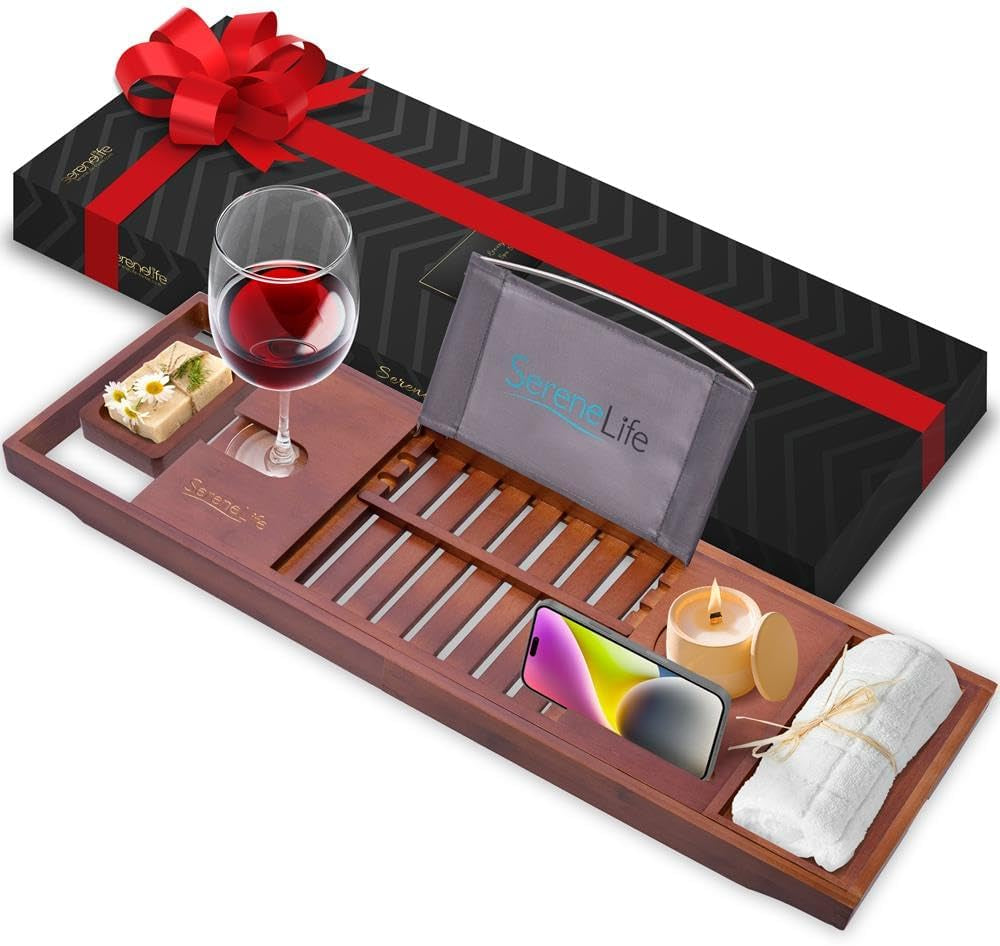 Bamboo Bathtub Caddy Tray – Expandable Waterproof Bath Tray with Wine Glass Holder, Tablet Stand & Removable Accessory Slots