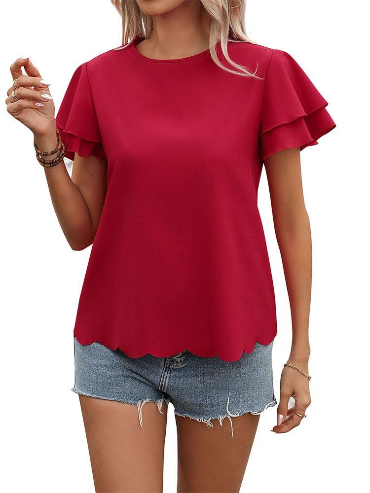 Lotus Blossom Ruffle Top - Stylish Red Double-layer Lotus Leaf Sleeve Blouse with scalloped waist and chic round neckline