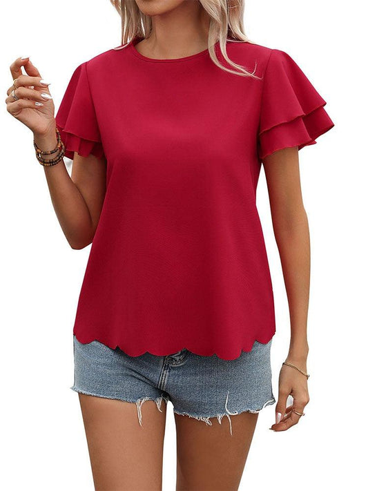 Lotus Blossom Ruffle Top - Stylish Red Double-layer Lotus Leaf Sleeve Blouse with scalloped waist and chic round neckline