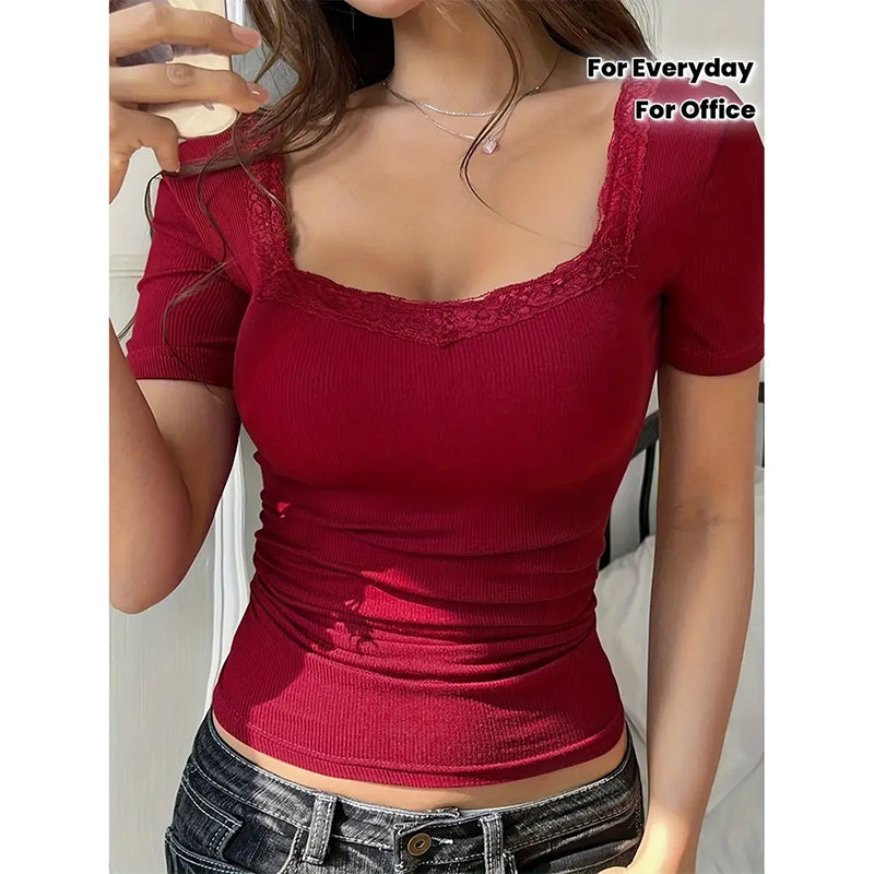 Women’s Y2K Lace Trim Slim Fit Tee – U-Neck Short Sleeve Top