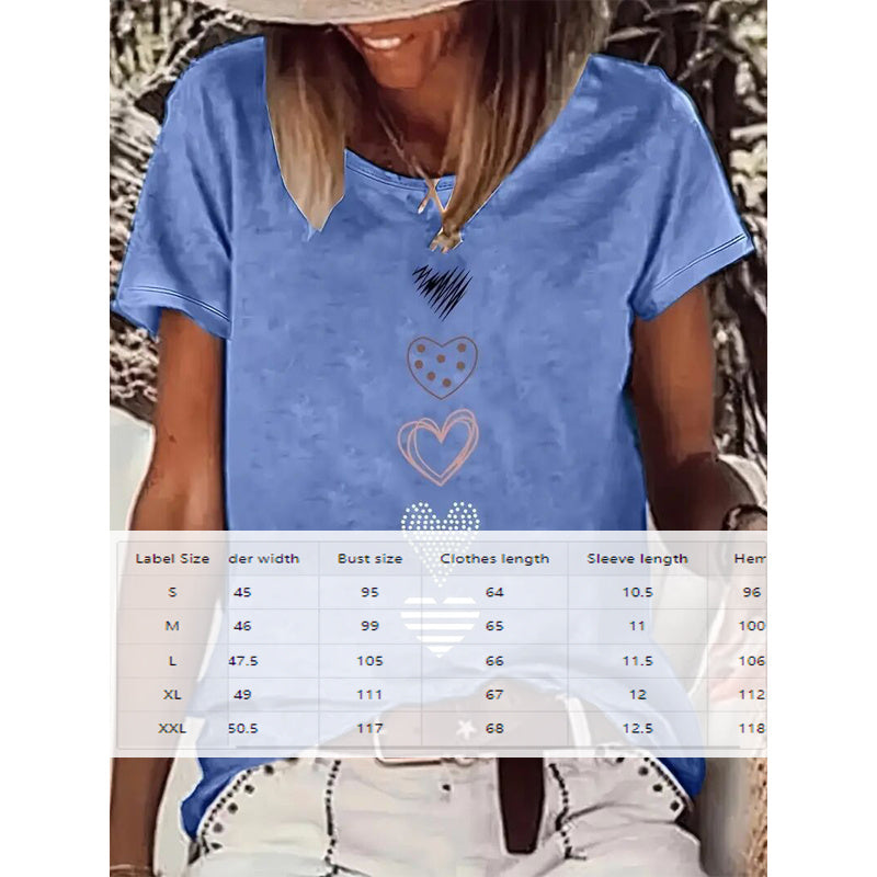 Heart Print T-Shirt Comfortable Round Neck Summer Tee in blue with size guide, featuring playful heart pattern and stretchy fabric.
