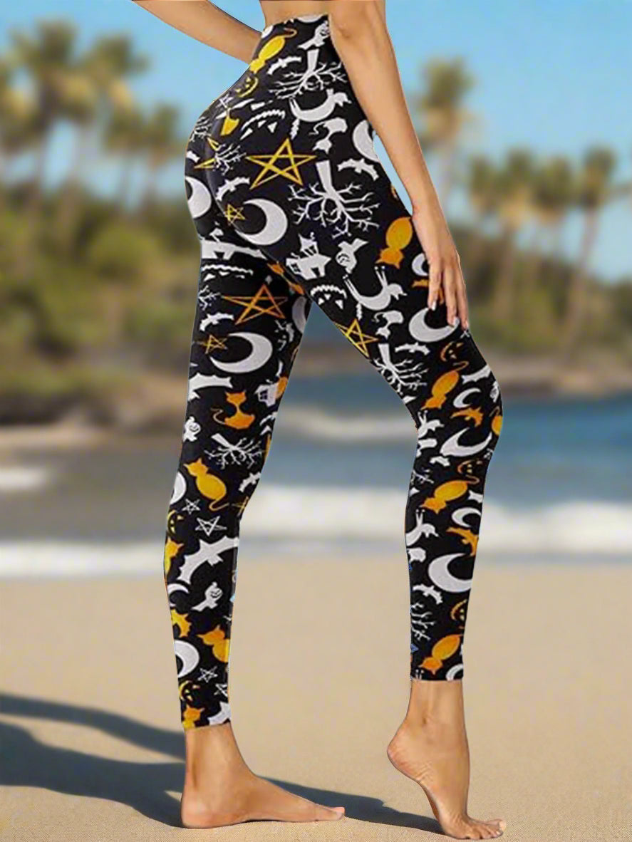 Cropped High-Rise Leggings – Moon Cat Print Workout Pants