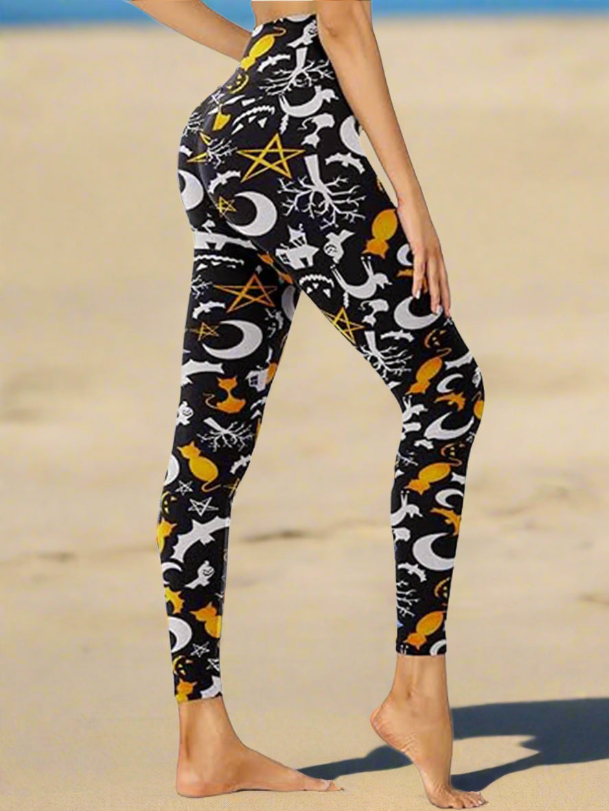 Cropped High-Rise Leggings – Moon Cat Print Workout Pants