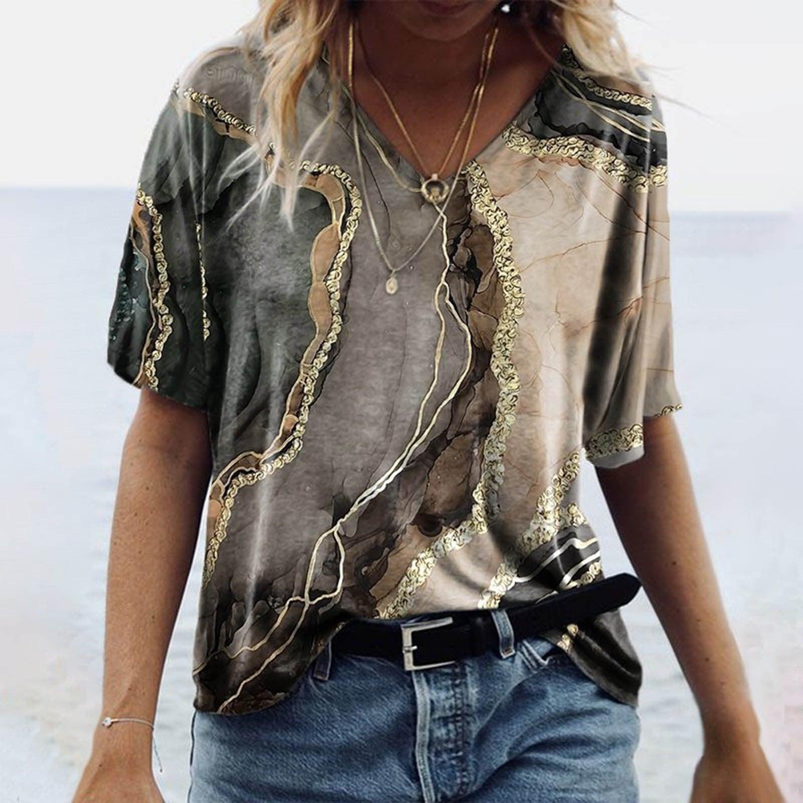 Women's Spring Glitzy V-Neck Short Sleeved Marble Print Top with glamorous design