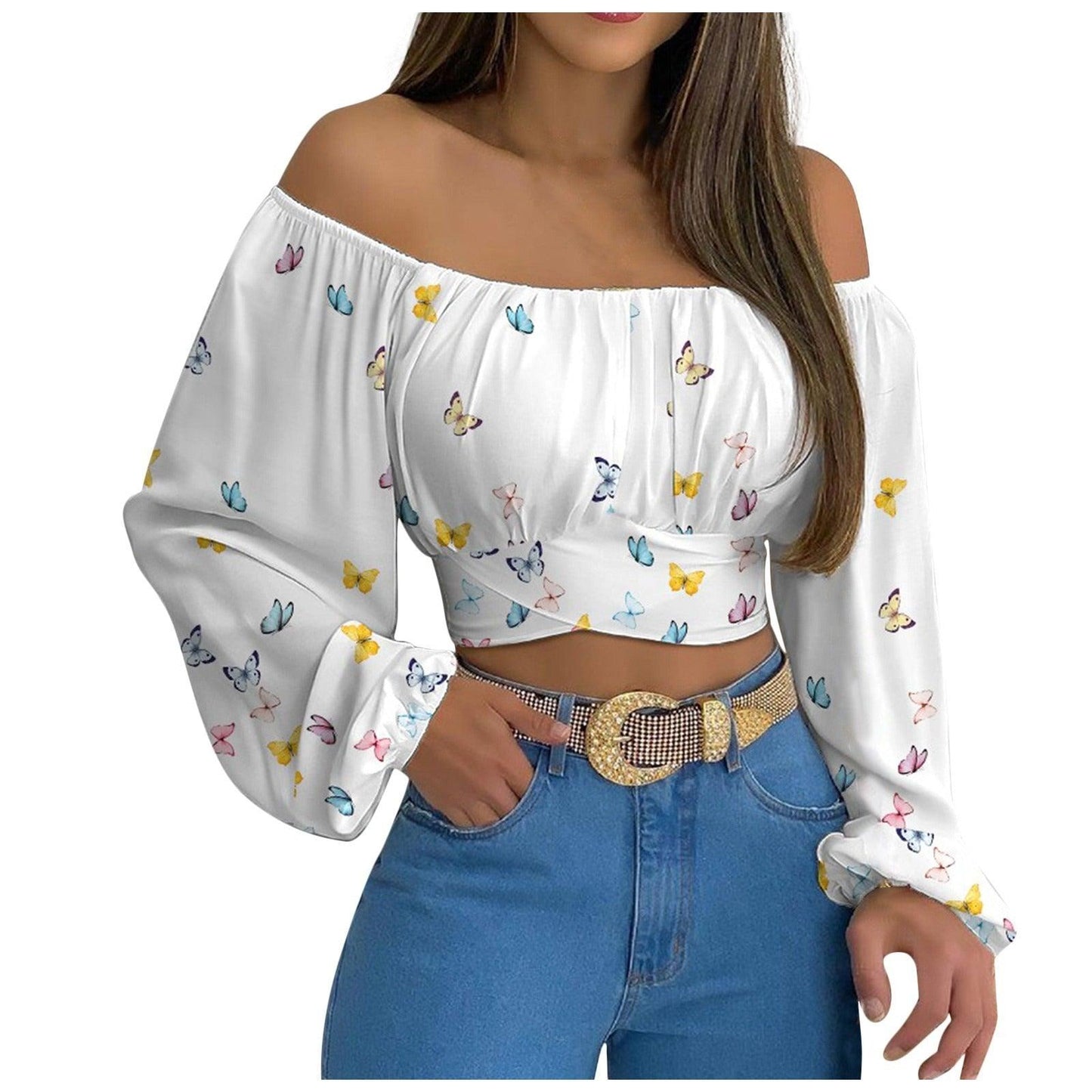Off Shoulder Cross Tie Long Sleeve Top | Sexy & Trendy Cowgirl Look in white with colorful butterfly print, balloon sleeves