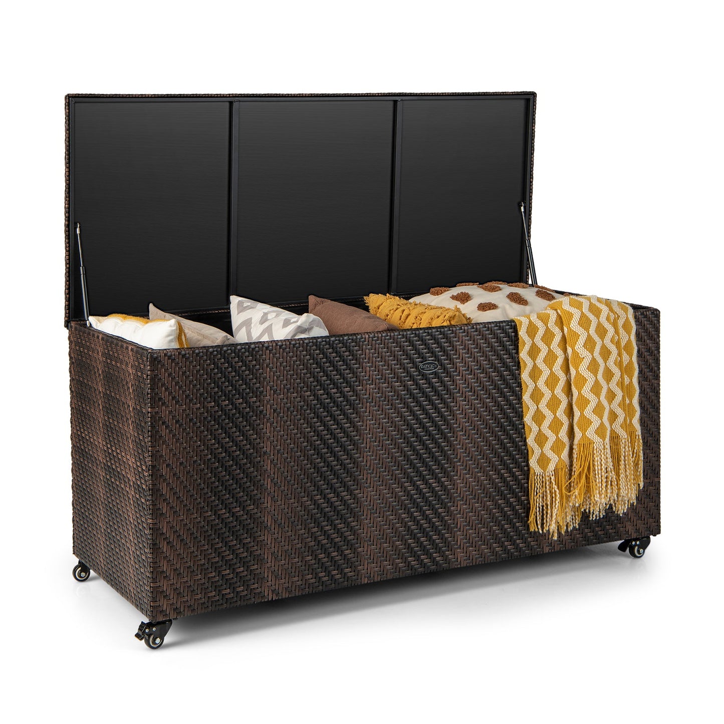96 Gallon PE Wicker Outdoor Storage Box with 4 Wheels-Brown filled with cushions and blankets, hand-woven design.