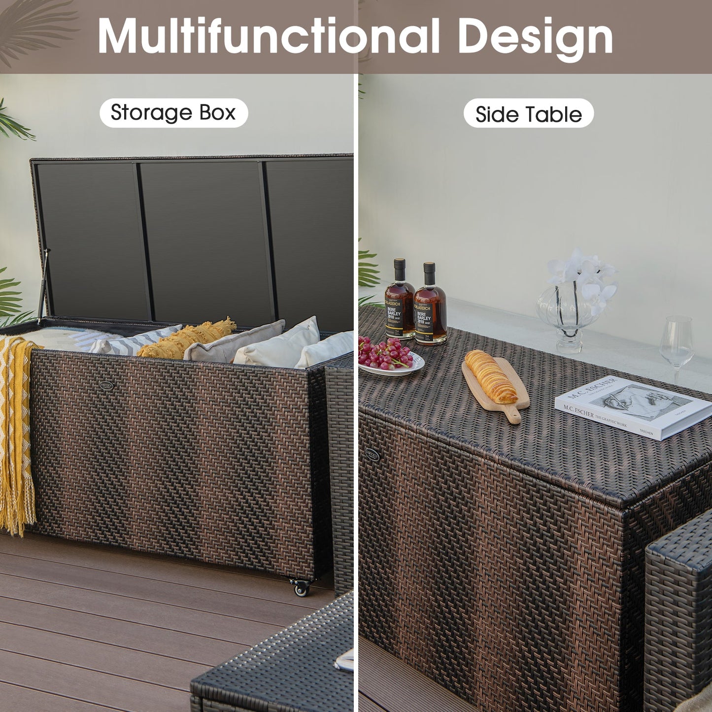 96 Gallon PE Wicker Outdoor Storage Box with 4 Wheels-Brown used as storage and side table