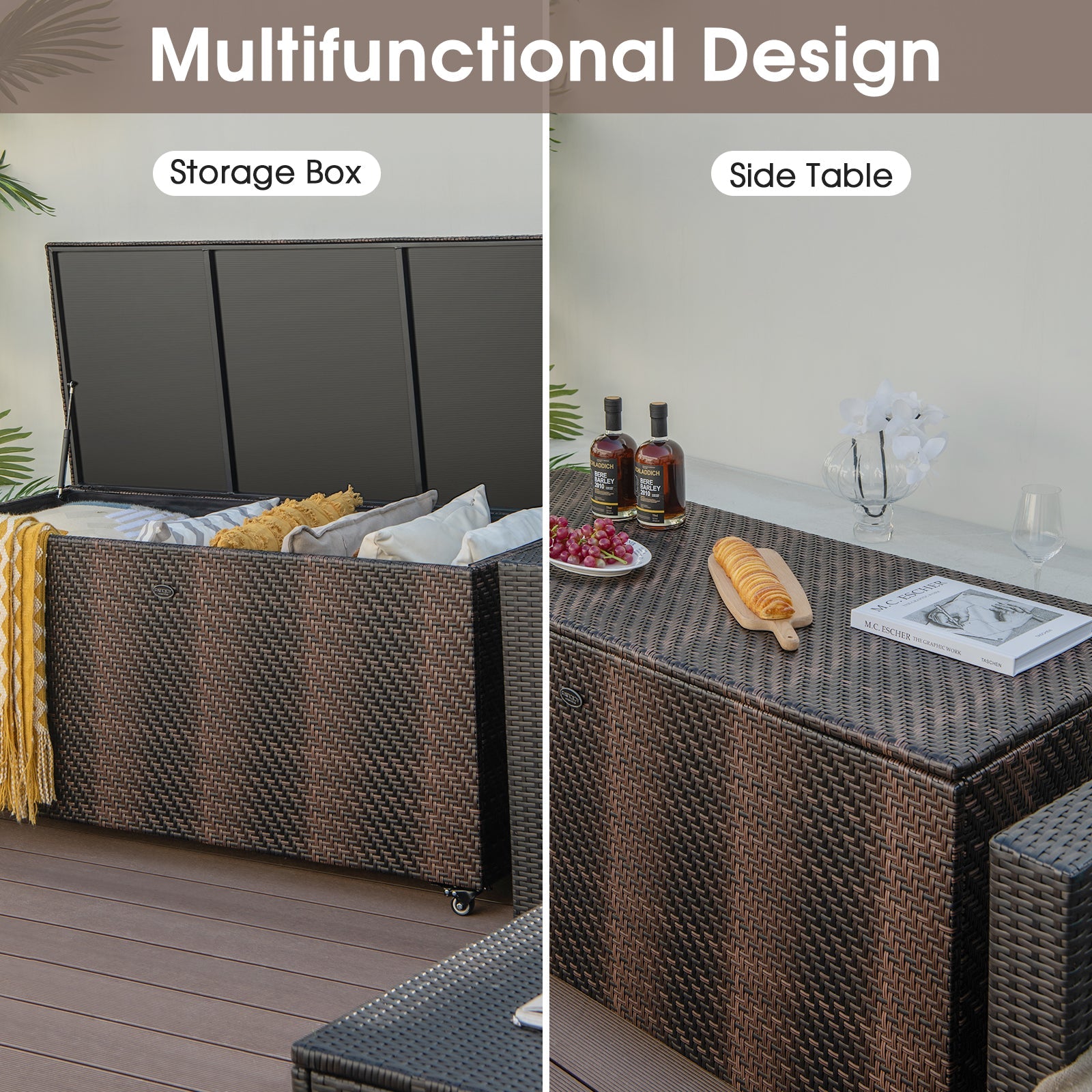 96 Gallon PE Wicker Outdoor Storage Box with 4 Wheels-Brown used as storage and side table
