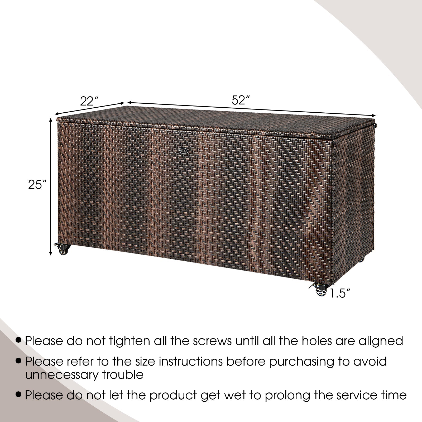 96 Gallon PE Wicker Outdoor Storage Box with 4 Wheels-Brown, dimensions 52 x 22 x 25 inches, features instructions and usage tips.