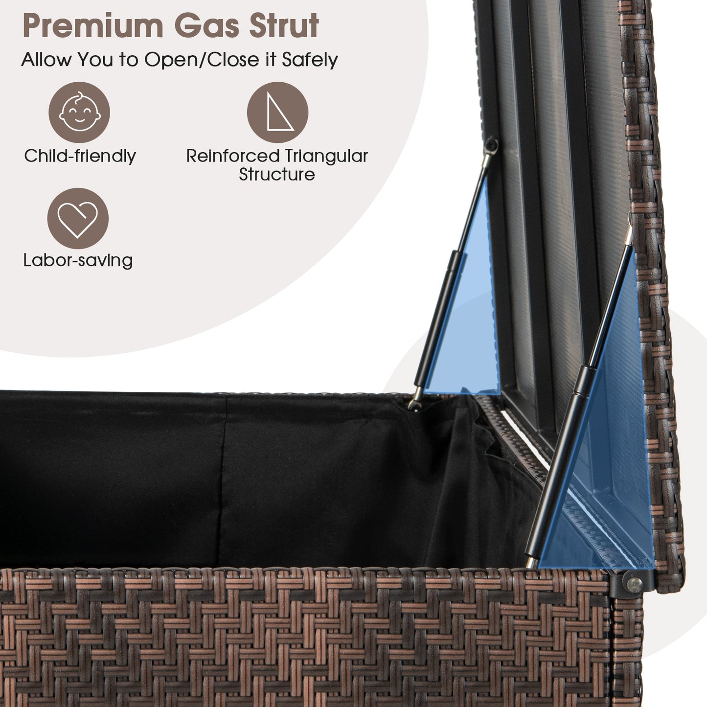 Close-up of 96 Gallon PE Wicker Outdoor Storage Box with 4 Wheels-Brown, showing premium gas strut for safe and easy opening.