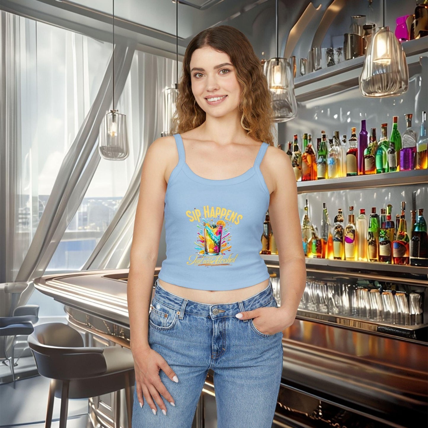 Playful & Stylish Womens Spaghetti Strap Tank Top in light blue with Sip Happens design, worn by female bartender in trendy bar setting.
