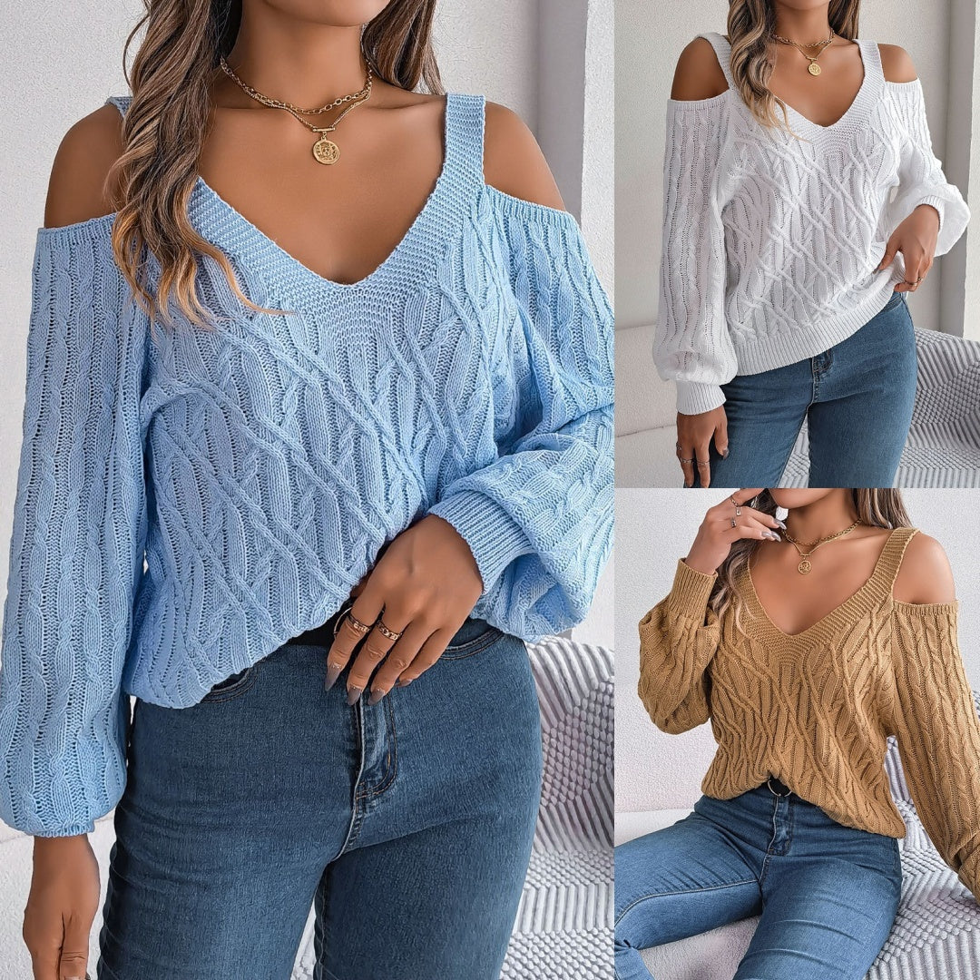 Fried-Dough Twist Off-Shoulder Lantern Sleeve Sweater