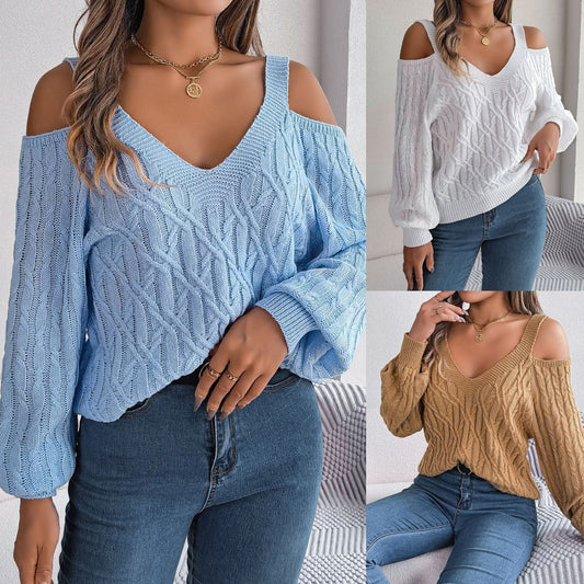 Fried-Dough Twist Off-Shoulder Lantern Sleeve Sweater