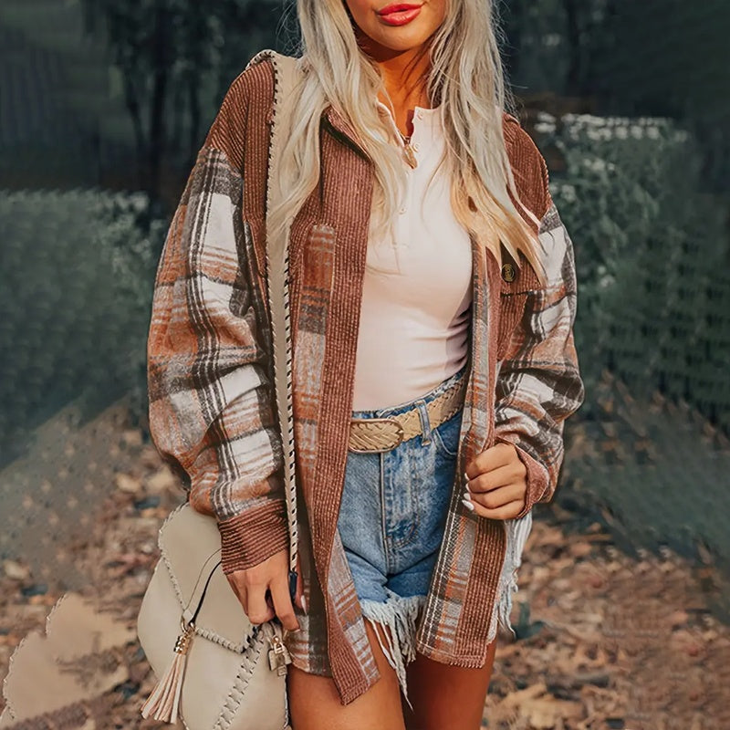 Women's Notch Lapel Check Print Long Sleeve Shirt