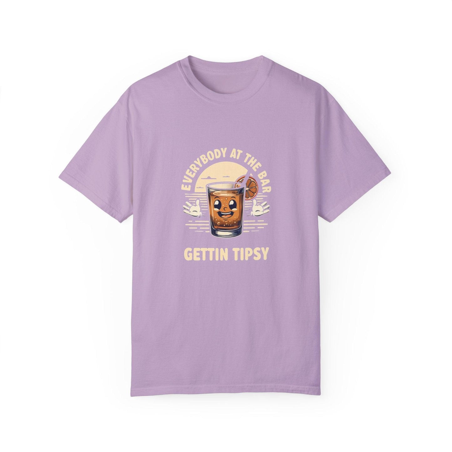 Everybody at the Bar Gettin Tipsy Unisex Garment-Dyed T-Shirt with whiskey graphic and playful text in purple.