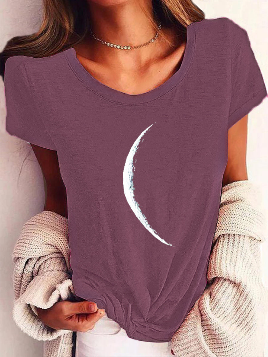 Woman wearing Wide Collar Printed T-Shirt – Casual Short Sleeve Top for Women with crescent design.