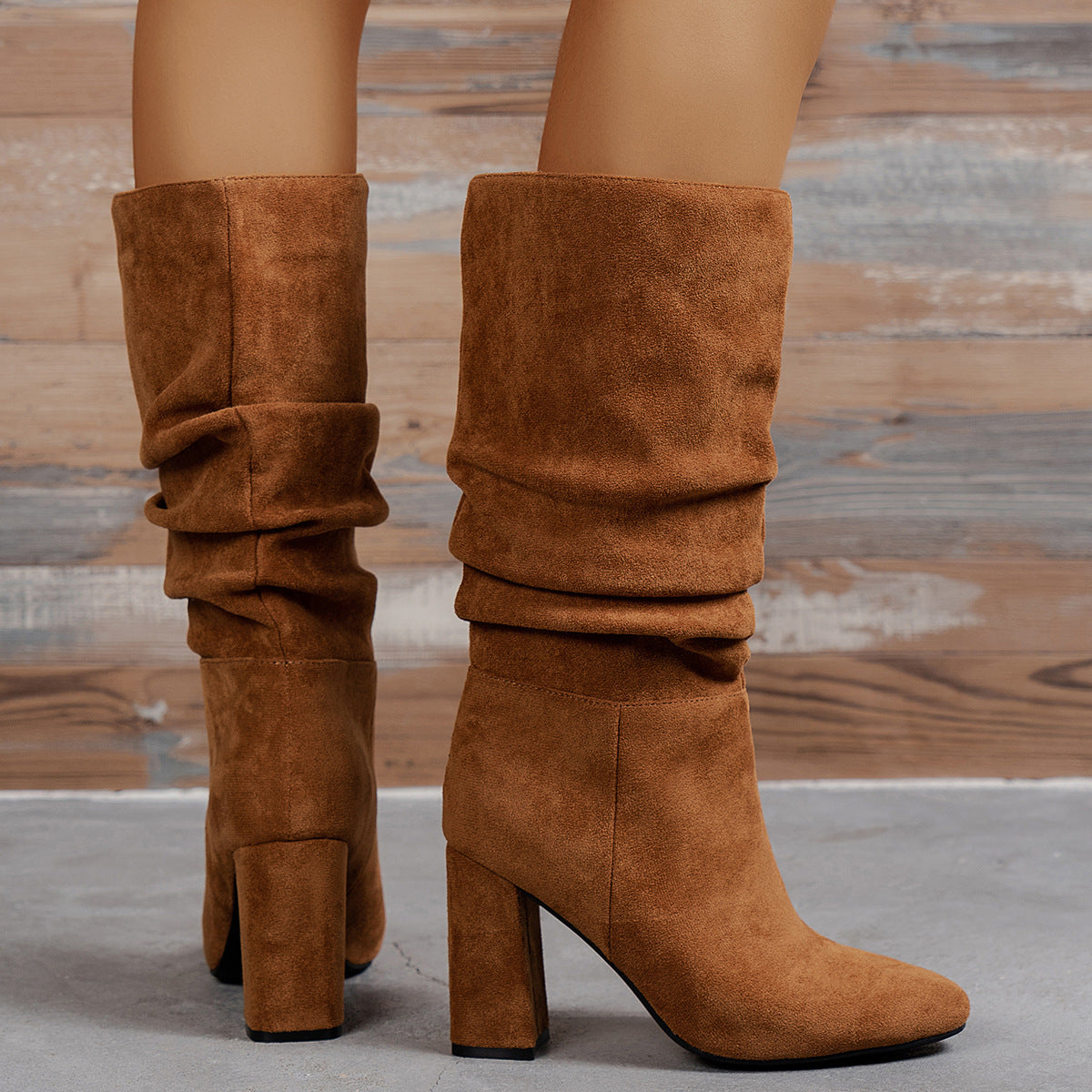 European & American Slip-On High Heel Fashion Boots – Women’s Elegant Booties in tan suede, perfect for style and comfort.