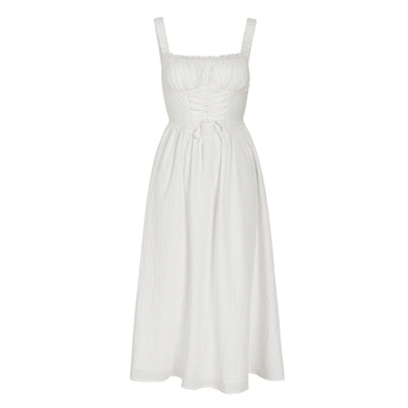 French Retro Square Collar Sling Dress in white, mid waist, sleeveless, summer style, mid skirt length with zipper.