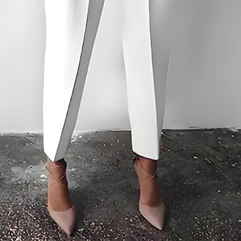 Women's Solid Color 2-Piece Set – Long Sleeve Top & Pleated Pants Loungewear showcasing elegant pleated pants in white with stylish shoes.