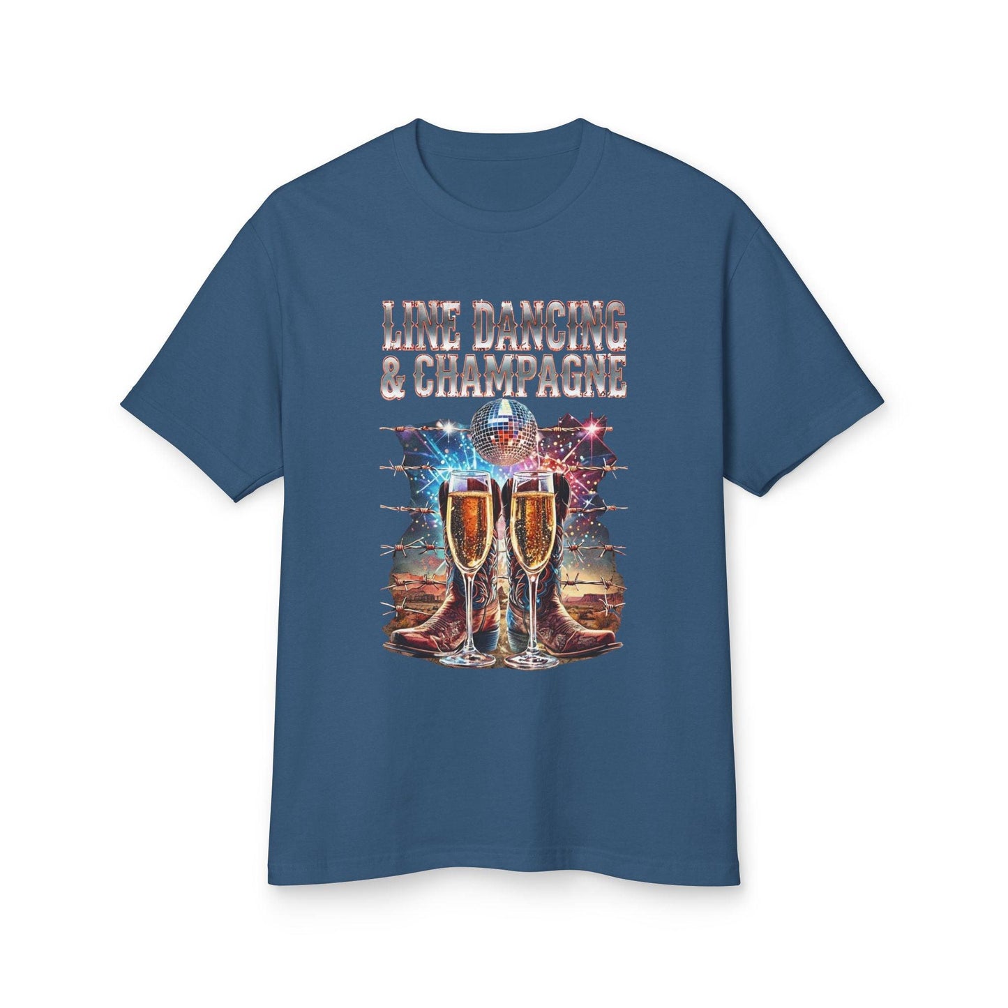 Women's Line Dancing and Champagne T-Shirt with western boots and champagne glasses graphic