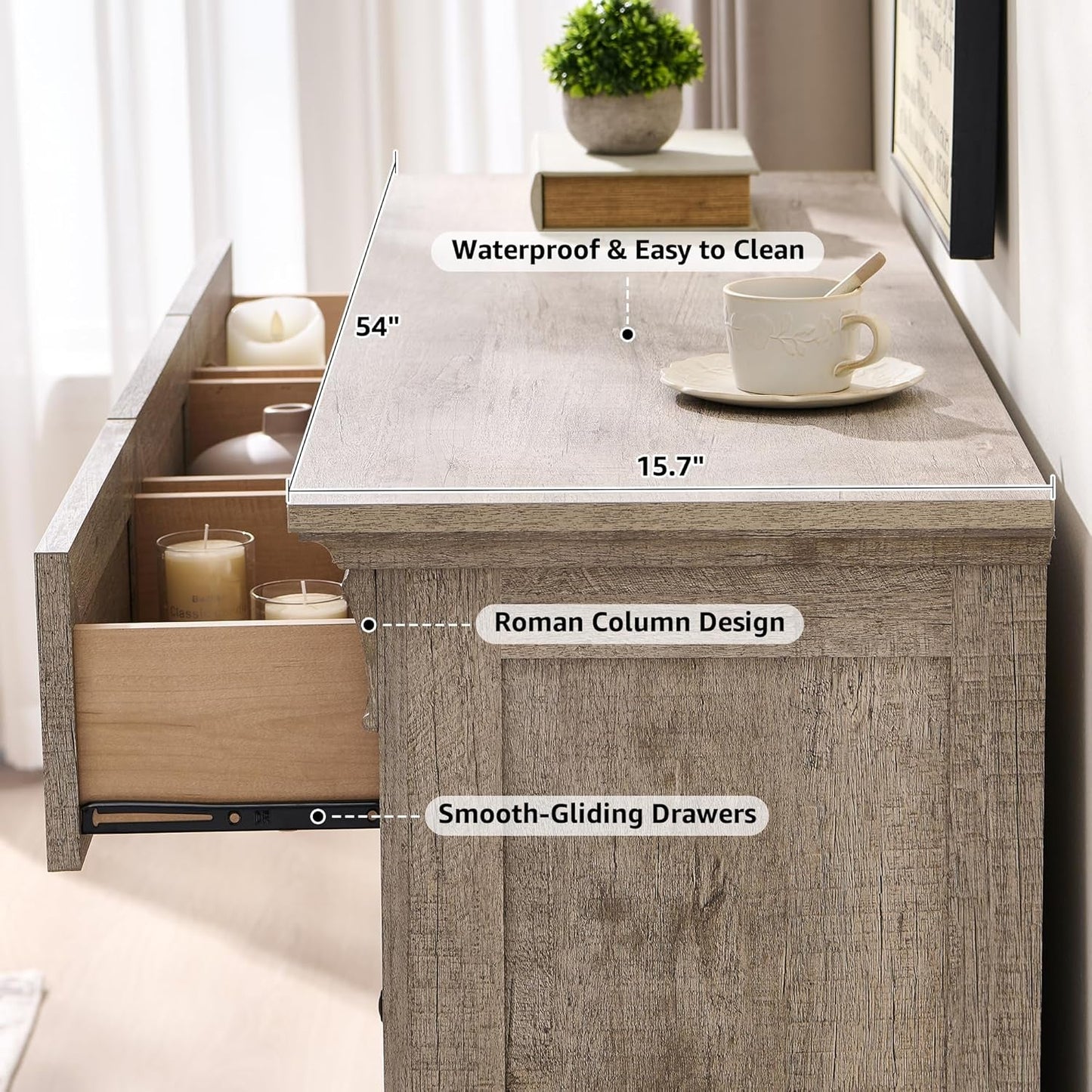 Side view of Dresser Cabinet FiftyFourInch Wide Distressed Oak Finish with smooth-gliding drawers and embossed textures.