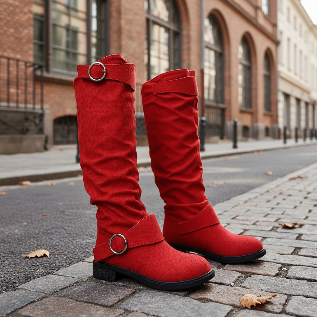 Red Pleated Flat-Bottom Western Cowboy Boots with Belt Buckle on a cobblestone street