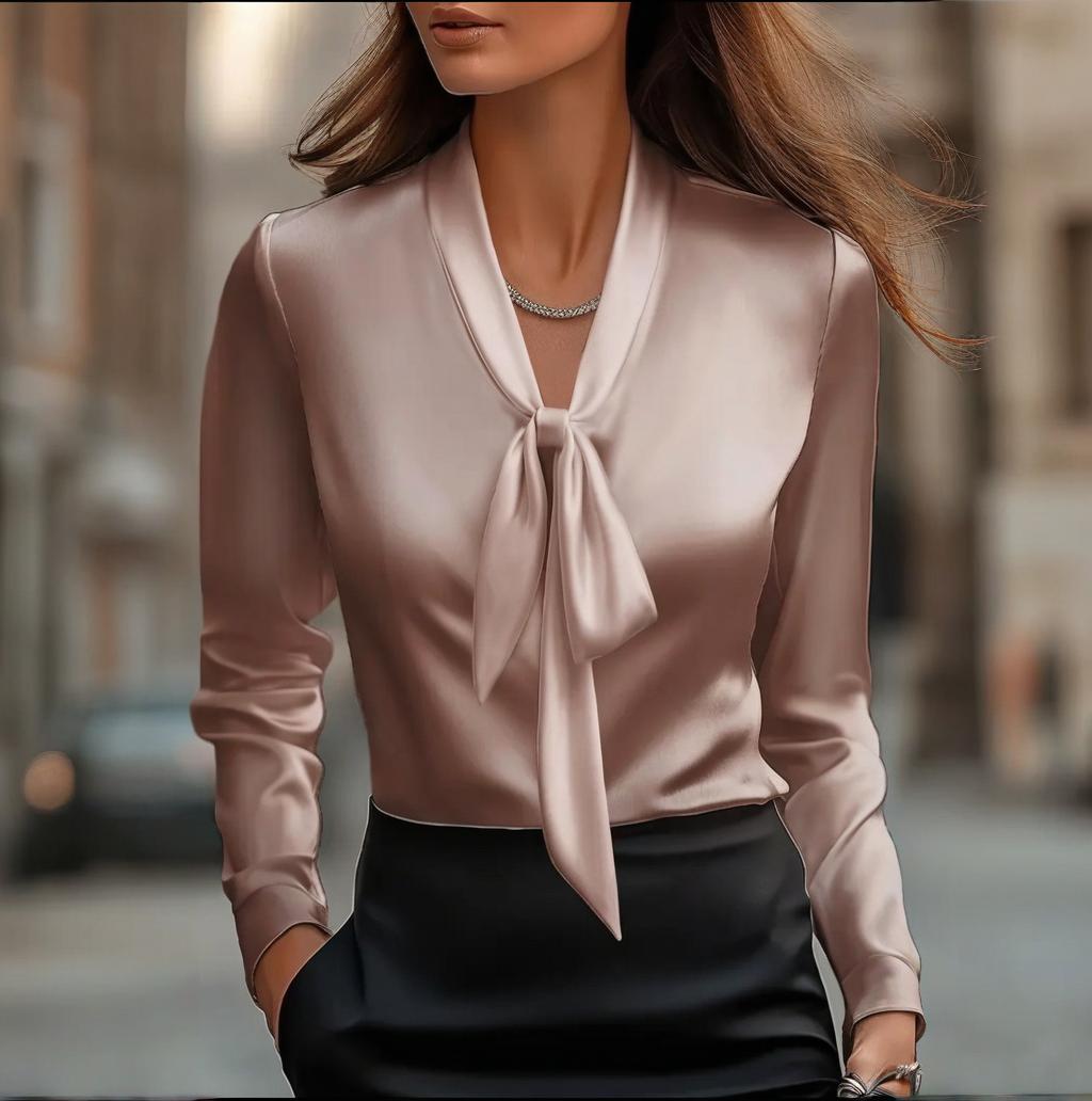 Elegant Satin Ribbon Blouse — Long Sleeve Button-Down Work Shirt with sophisticated ribbon detail and tailored fit.