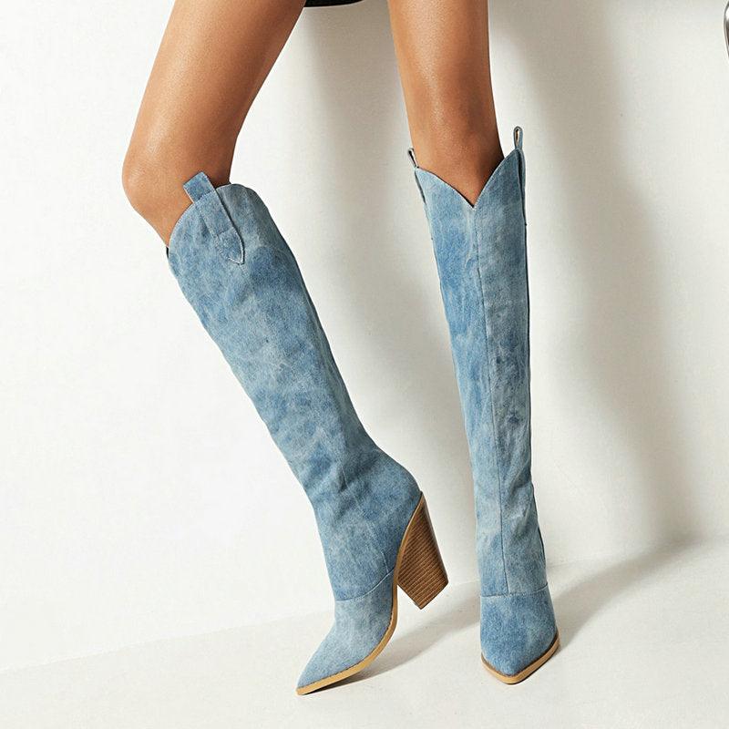 Tie Dye Denim Knee-High Cowgirl Boots with 3.75-inch heels and 14-inch shaft for a bold western-inspired style.