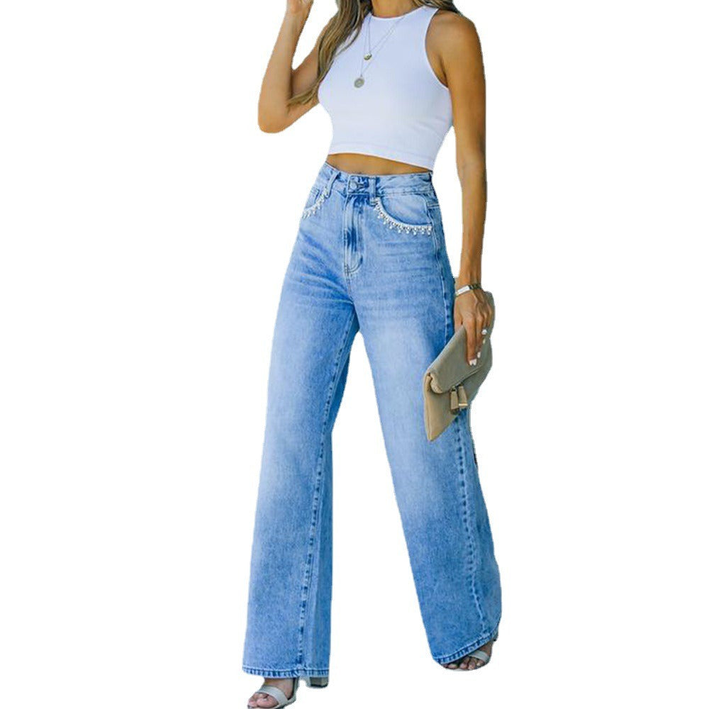 Ava Petal Pocket Wide-Leg Denim Jeans in light blue wash with unique petal pocket detailing for chic, effortless style.