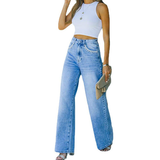 Ava Petal Pocket Wide-Leg Denim Jeans in light blue wash with unique petal pocket detailing for chic, effortless style.