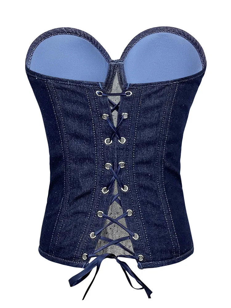 Rhinestone Cowgirl Denim Vest with lace-up back in premium cotton denim
